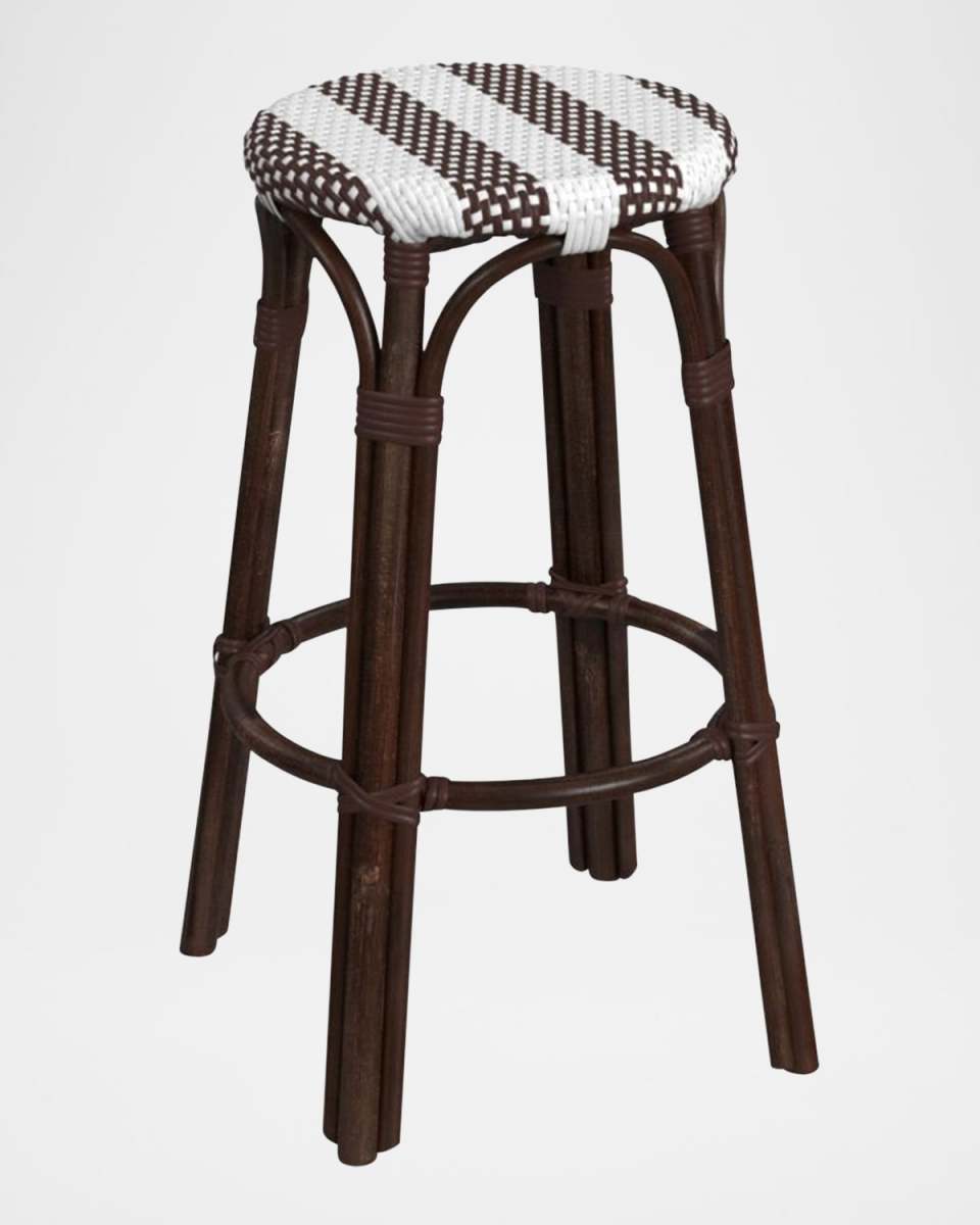 Tobias 30" Rattan Bar Stool, White/Brown Stripe